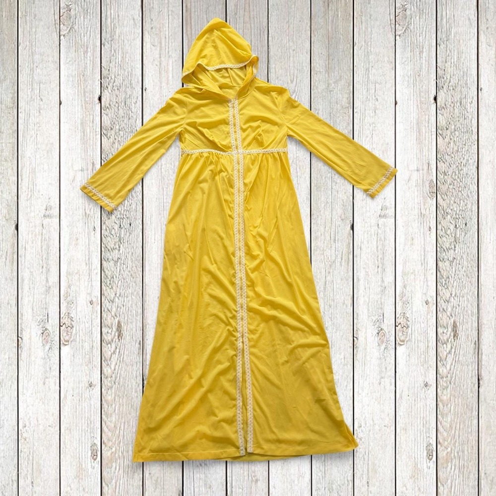 Formfit Rogers Womens Vintage 70s Hooded Maxi Robe Yellow Lace Trim Medium 14-16